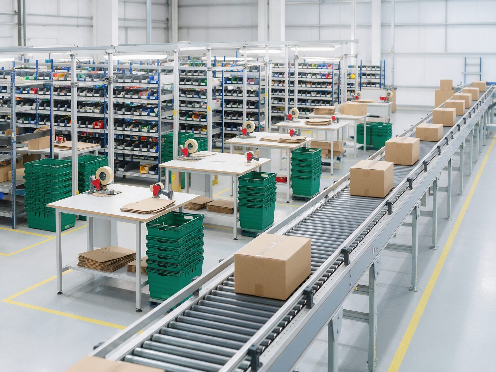 E-ticaret sipariş hazırlama alanı: konveyörde koliler, yeşil toplama kasaları, paketleme masaları ve göz rafları